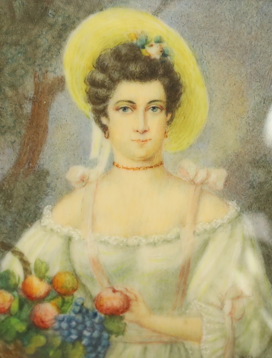 O. Bohmer (German), watercolour on ivory, portrait miniature, Lady holding fruit, 8 x 6cm CITES Submission reference Y2FNHJWY